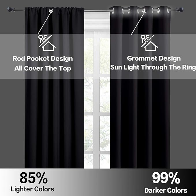 RYB HOME Extra Wide Blackout Curtains for Bedroom Living Room 63 inches Long, Thermal Insulated Privacy Drapes for Nursery Home Theater Dining Room, Width 70 by Length 63, Black, 2 Panels