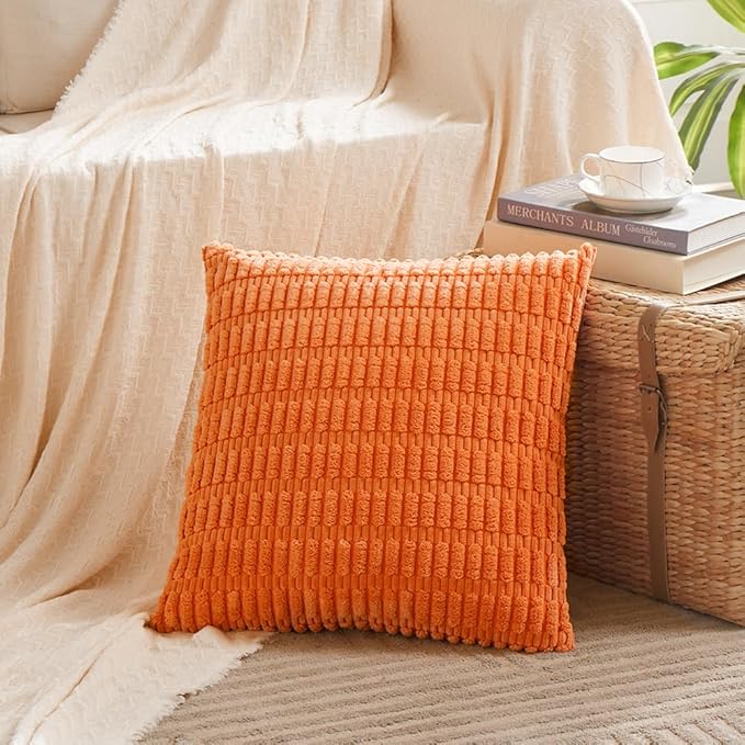 Fancy Homi 4 Packs Orange Fall Decorative Throw Pillow Covers 20x20 Inch for Couch Bed Sofa, Halloween Pumpkin Autumn Home Decor, Soft Cute Plush Corduroy Striped Cushion Case 50x50 CM