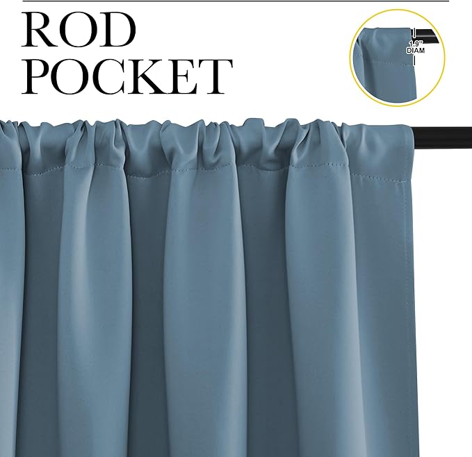 NICETOWN Kitchen Curtains, Short Blackout Drapes, Smoky Blue, 34 in x 45 in (W x L), Set of 2, Thermal Insulated Rod Pocket Window Treatment Draperies for Nursery