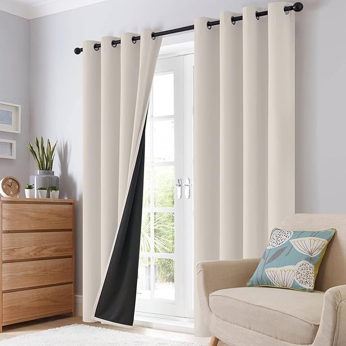 SimpleHome 100% Blackout Curtains for Bedroom,Thermal Insulated Cream Grommet Window Drapes Room Darkening Curtains for Living Room with Black Back,62 x 63 Inch,2 Panels