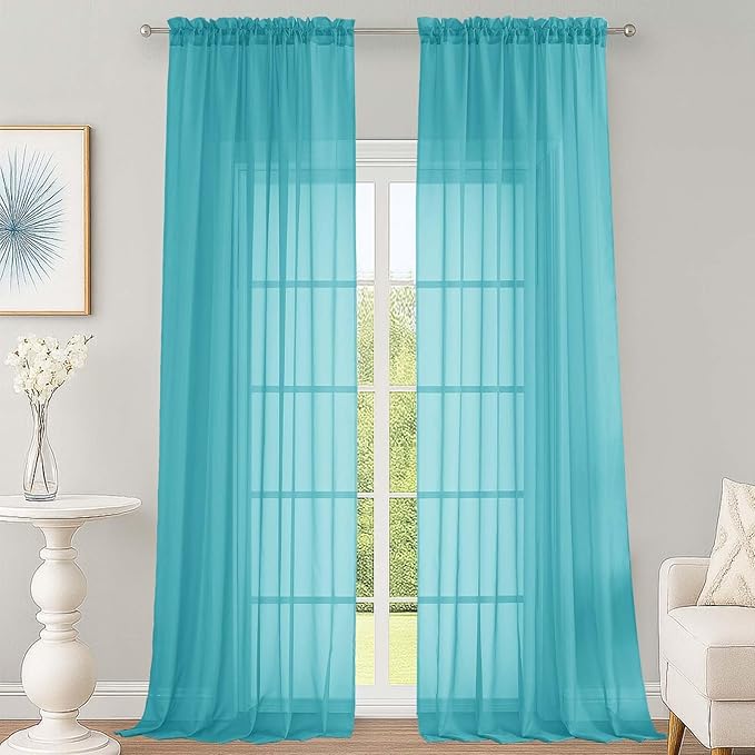 OWENIE Turquoise Sheer Curtains 120 Inches Long 2 Panels Set, Airy Lightweight Sheer Turquoise Curtain for Living Room Bedroom, Farmhouse Voile Filmy Rod Pocket Curtains Drapes, 2 Pcs, Each 59"Wx120"L