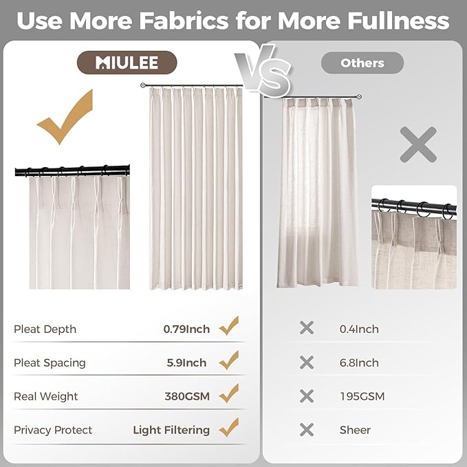 MIULEE Extra Wide 60 Inch Width Pinch Pleated Thick Linen Curtains 96 Inches Long 2 Panels for Patio Sliding Glass Door Living Room Bedroom Large Windows, Memory Trained Nautral Drapes Hooks&Rings