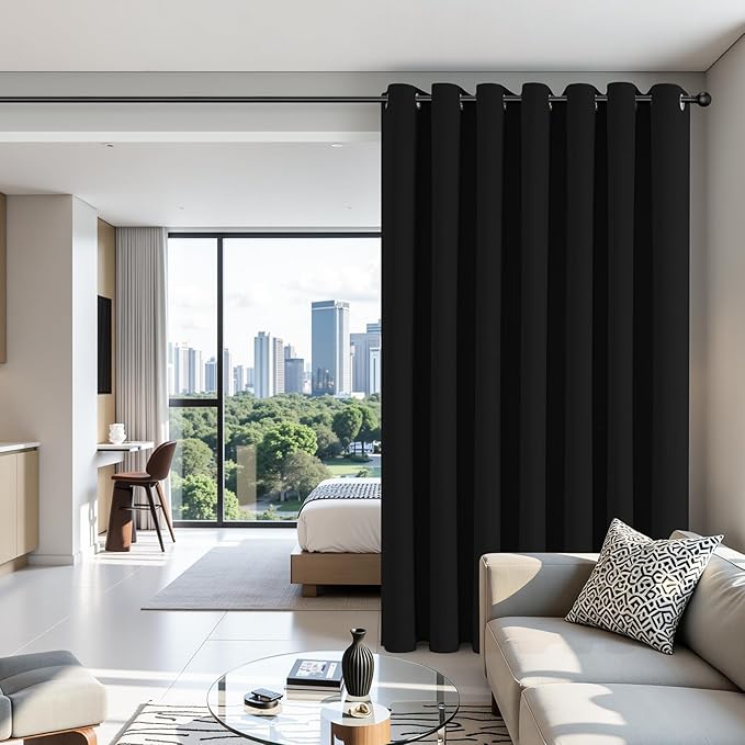 Joydeco Blackout Patio Sliding Door Curtains 90 Inches Long, Grommet Privacy Room Divider Curtains, Extra Wide Thermal Blackout Drapes for Bedroom Living Room (Black, 70Wx90L, 1 Panel)