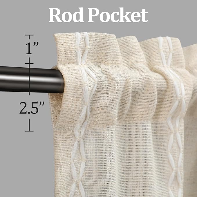 Boho Kitchen Cafe Curtains 25x24 Inch, Beige Linen Blend Embroidered Light Filtering Curtains for Small Kitchen Window, 2 Panels
