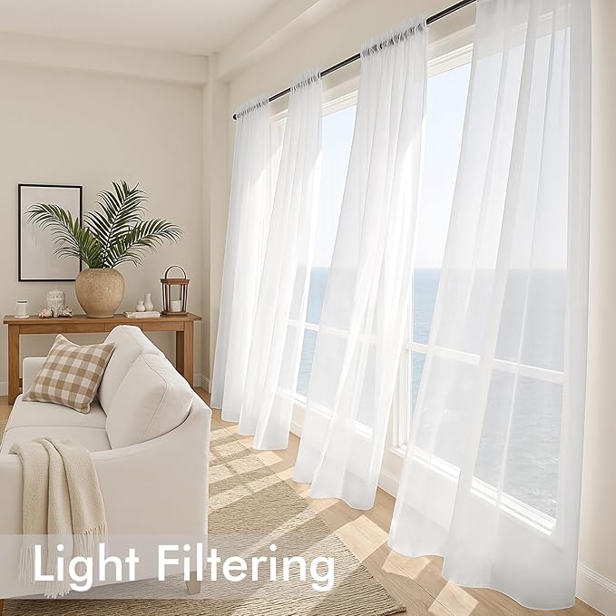 MIULEE White Sheer Curtains 102 Inches Long 4 Panels Set, Light Filtering Rod Pocket Drapes for Living Room and Bedroom, Airy Soft Breathable Voile Window Treatments, 42W x 102 Inches