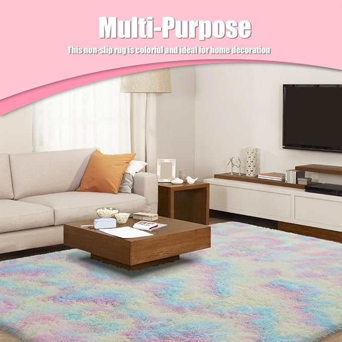 9x12 Fluffy Area Rugs for Living Room,Large Fuzzy Shag Area Rug for Bedroom,Soft Non-Shedding Indoor Plush Carpet for Kids Bedroom Nursery Home Decor,Rainbow