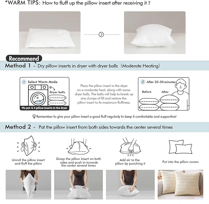 MIULEE Throw Pillows Inserts, Pack of 4 22x22 Inch 100% Virgin Fiber Filling Bed Couch Pillows