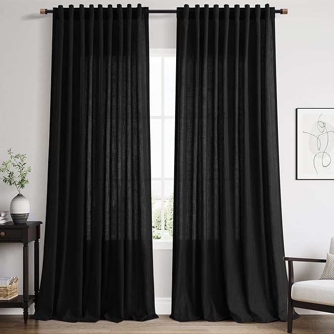 Nanspring Extra Long Black Linen Curtains 108 Inches Long 2 Panels Set for Living Room Privacy Simple Modern Semi Sheer Curtains Linen Textured Curtain for Bedroom Large Window 70x108