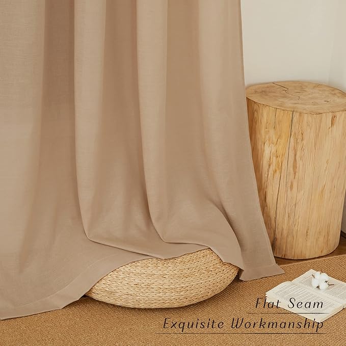 NICETOWN Flax Camel Linen Curtains for Room Divider, Grommet Top Thick Flax Semi Sheer Vertical Drapes Privacy Assured with Light Filtering for Sliding Glass Door, W68 x L84, 2 Pieces