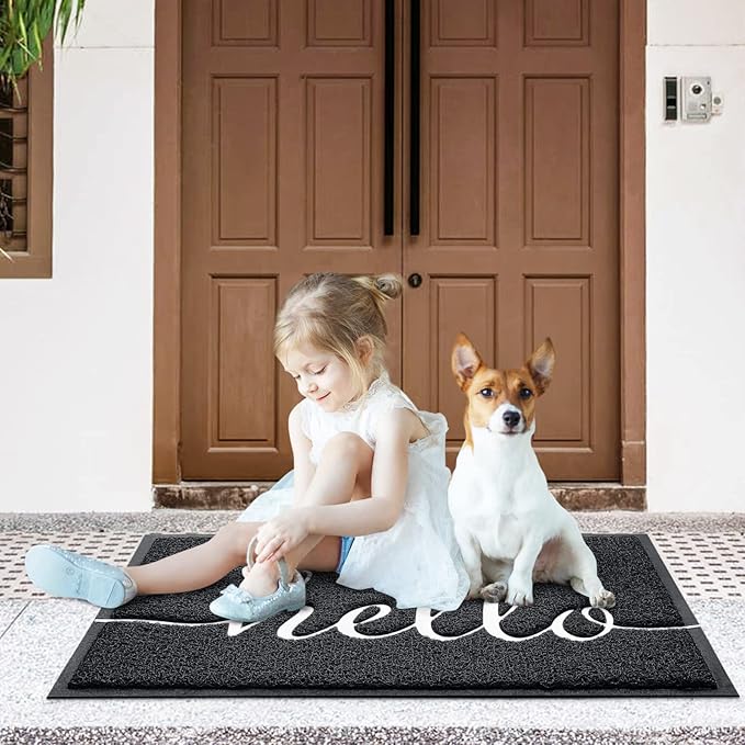 CozyBounty Door Mat Hello Mats Outdoor Indoor Non-Slip Doormat for Entryway Low-Profile Floor Mat for Yard, Garage, High Traffic Areas (30"x17.5", Black)