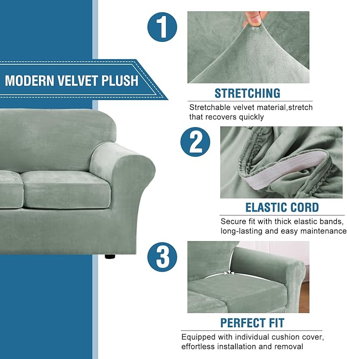 H.VERSAILTEX Real Velvet Plush 3 Piece Stretch Sofa Covers Couch Covers for 2 Cushion Couch Sofa Slipcovers Width Up to 90 Inch Thick Soft Stay in Place (Large Sofa, Sea Grass)