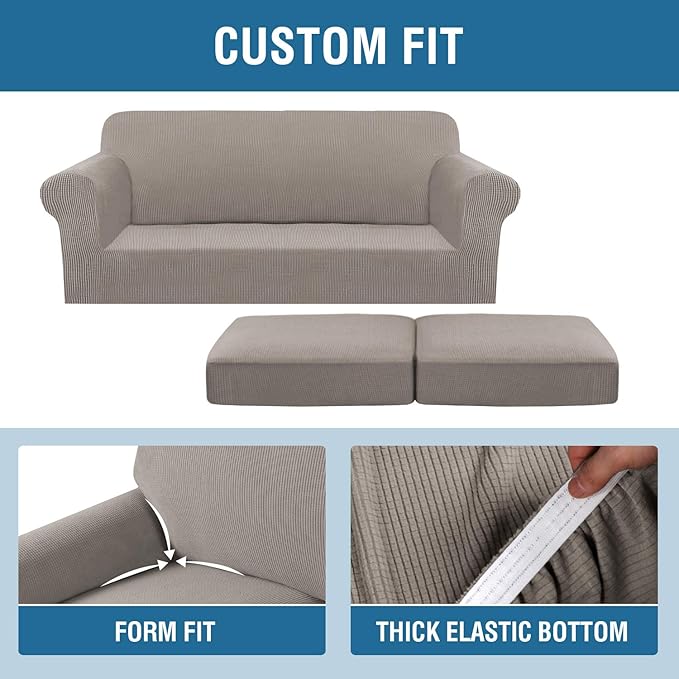 H.VERSAILTEX 3 Piece Stretch Sofa Covers for 2 Cushion Sofa Couch Covers for Living Room Sofa Slipcovers (Base Cover Plus 2 Seat Cushion Covers) Thicker Jacquard Fabric(Large Sofa, Taupe)
