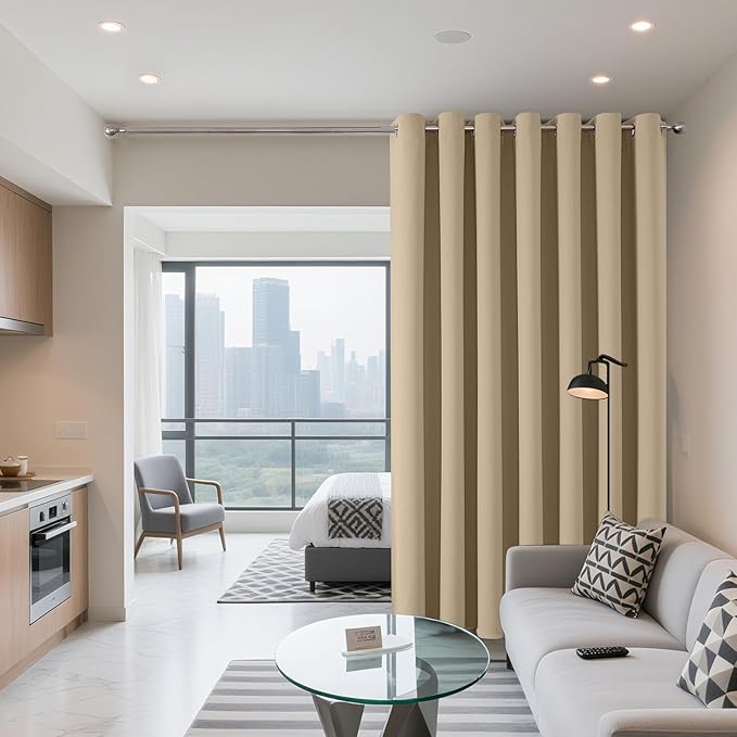 Joydeco Blackout Patio Sliding Door Curtains 96 Inches Long, Grommet Privacy Room Divider Curtains, Extra Wide Thermal Blackout Drapes for Bedroom Living Room (Light Beige, 70Wx96L, 1 Panel)