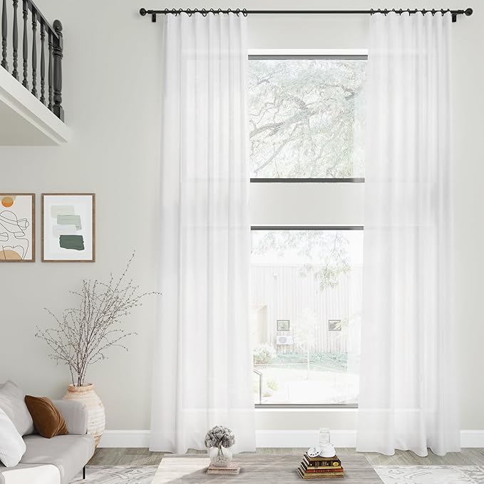 Nanspring White Linen Curtains 142 Inches Long for Living Room Farmhouse Extra Long Back Tab Curtains Light Filtering Semi Sheer Linen Drapes Ceiling to Floor for Large Window 2 Panels Set 52x142
