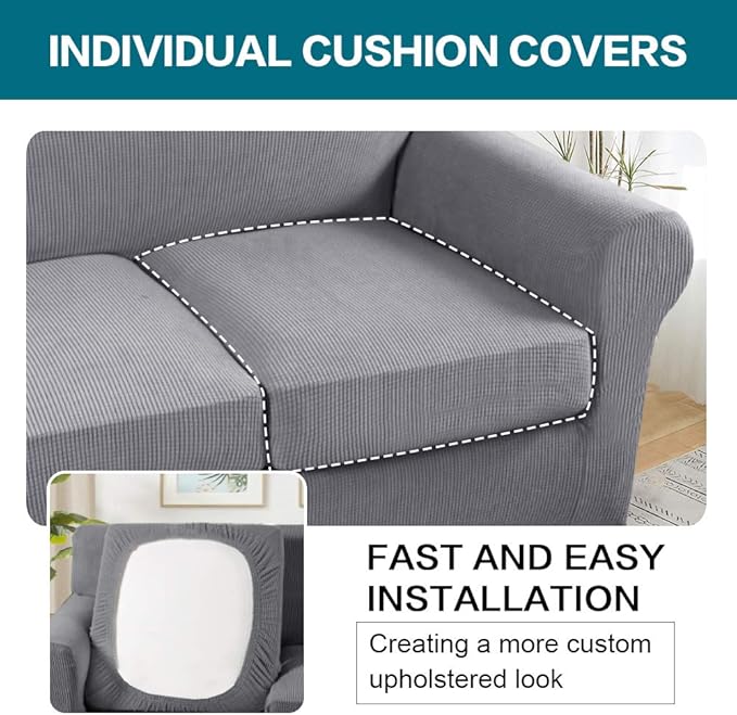 Turquoize 4 Piece Sofa Covers for 3 Cushion Couch Sofa Slipcover Soft Couch Cover for Dogs-Washable Sofa Furniture Covers with 3 Individual Cushion Covers, Feature Jacquard Fabric(Dove)