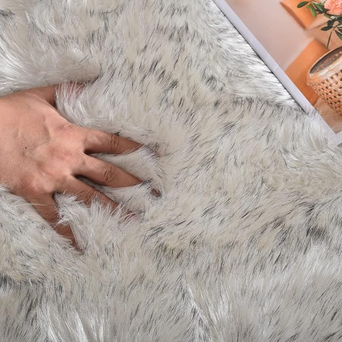 ORINOVA White and Grey 4X6 Faux Sheepskin Shag Fur Runner Rugs for Living Room Bedroom Fluffy Washable Furry Area Rug Nursery Teen Room Décor