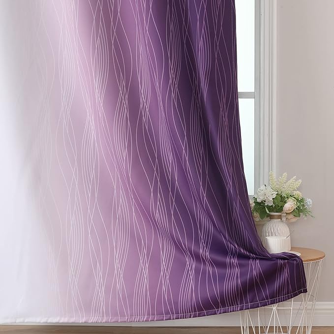Estelar Textiler Purple and Greyish White Blackout Curtains 45 Inch Length, Light Blocking Gradient Drapes for Kitchen, Thermal Insulated Grommet Ombre Curtains for Bathroom,52Wx45L,2 Panels