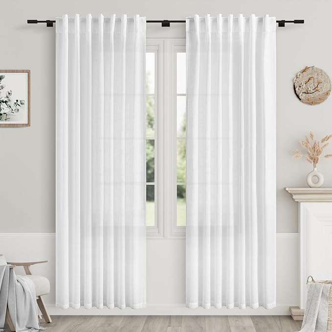 Nanspring White Semi Sheer Linen Curtains 78 inch Length for Living Room Back Tab Rod Pocket Modern Farmhouse Coastal Decor White Cotton Textured Gauze Curtains for Dining Room Office 52x78