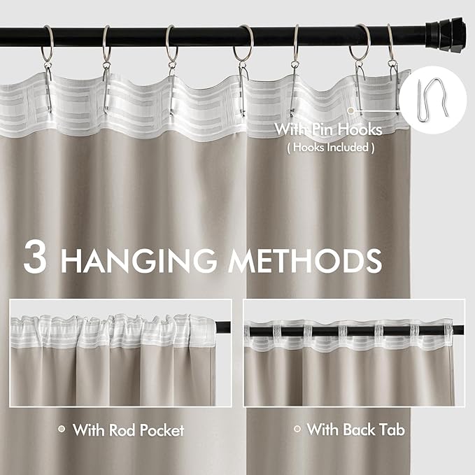 MIULEE Natural Back Tab Blackout Curtain 96 Inch Long 2 Panels Set for Bedroom, Rod Pocket/Pinch Pleat Thermal Insulated Living Room Darkening Pleated Light Blocking Floor to Ceiling Drape