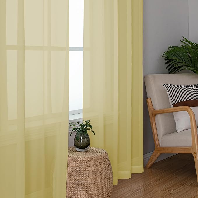 Chyhomenyc Sheer Mustard Yellow Curtains 90 inches Long 2 Panels, Light Filtering Soft Airy Solid Elegant Voile Window Treatment Drapes for Bedroom Living Room Wedding Party Decor, 42 Wx90 L Inches