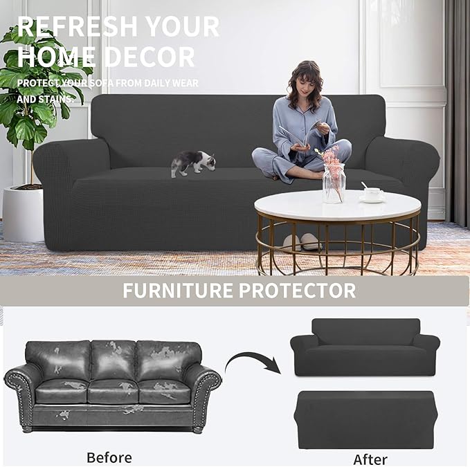 Easy-Going Stretch Oversized Loveseat Slipcover 1-Piece Sofa Cover Furniture Protector Couch Soft with Elastic Bottom for Kids Polyester Spandex Jacquard Fabric Small Checks Dark Gray