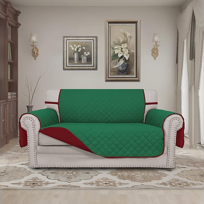 Easy-Going Reversible Loveseat Couch Cover for 2 Cushion Couch Sofa Cover for Dogs Water Resistant Furniture Protector with Foam Sticks Elastic Straps for Pet (Loveseat, Green/Christmas Red)