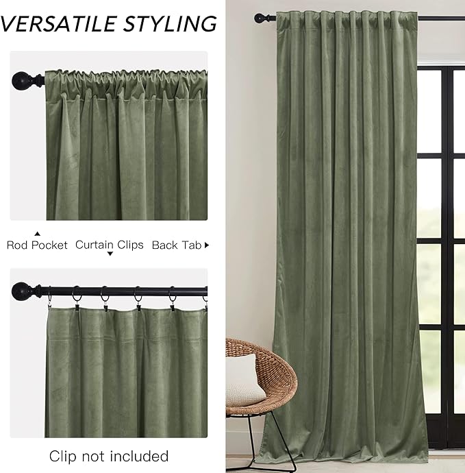 RYB HOME Sage Green Velvet Curtains 90 inches - Heavy Duty Back Tab Decorative Window Drapes Privacy Room Darkening Covering for Living Room Bedroom, 52 inch x 90 inches, 2 Panels Set