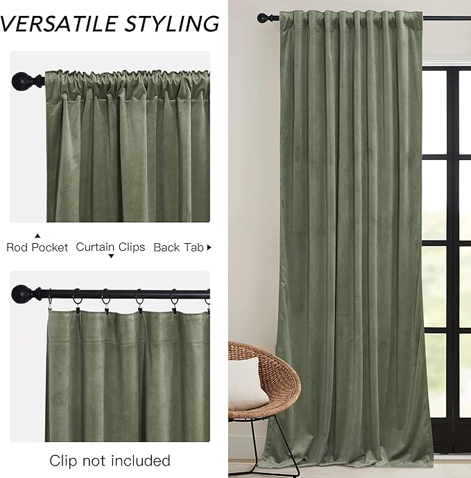 RYB HOME Sage Green Velvet Curtains 108 inch, Room Darkening Super Soft Velvet Drapes for Living Room Thermal Insulated Pleat Tapes Window Treatment for Bedroom Playroom, W52 x L108 inch, 2 Panels