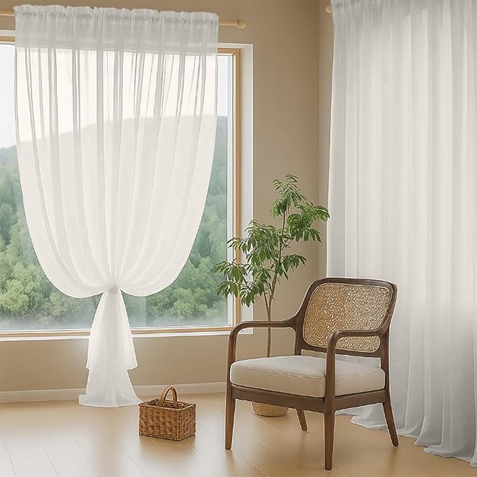 Extra Wide Ivory Sheer Curtains for Window 96 Inches Long 2 Panels Set, Elegant Light Filtering Voile Sheer Curtains for Sliding Glass Door, Dual Rod Pocket Window Drapes, 2x59Wx96L Inches