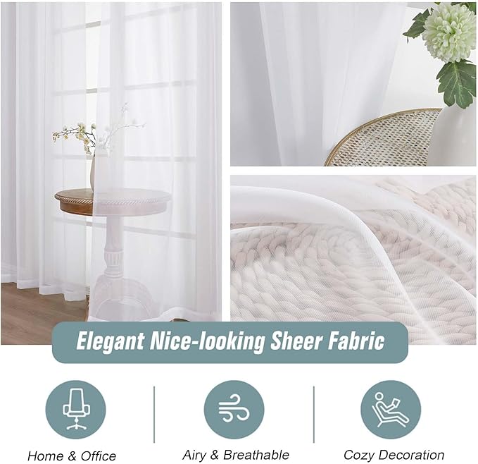 White Sheer Curtains 63 Inch Length 2 Panels, Voile Sheer Curtain for Living Room, Breathable Light Filtering Modern Window Treatments, Soft Fabric Dual Rod Pocket Drapes, 2x42Wx63L Inches