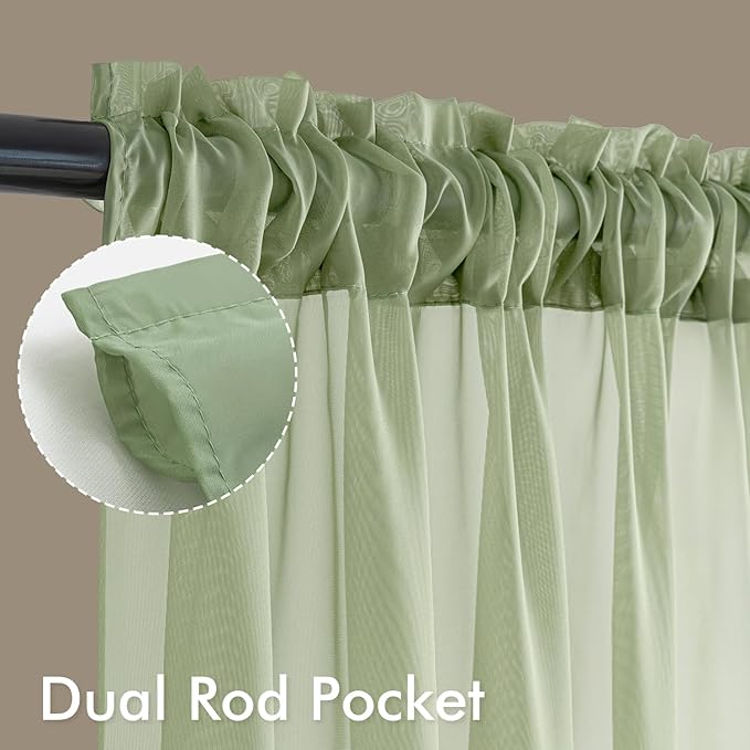 MIULEE Sage Green Sheer Curtains 108 Inches Long, 4 Panels Set, Light Filtering Rod Pocket Voile Drapes Window Treatments, Semi Transparent Airy Fabric for Bedroom and Living Room, 42 x 108 Inches