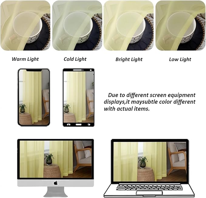 Chyhomenyc Sheer Curtains 96 inches Long 2 Panels - Light Filtering Soft Airy Solid Elegant Voile Window Treatment Drapes for Bedroom Living Room, 42Wx96L, 8FT, Light Yellow