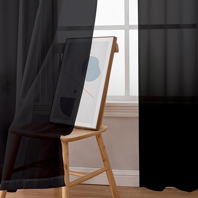 Simplebrand Black Sheer Curtains, 72" Length, 2 Panels Set - Light Filtering, Rod Pocket Window Curtains for Bedroom (Black, 59" W x 72" L)