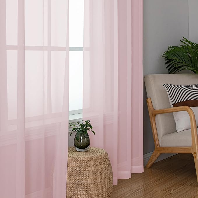 OWENIE Light Pink Sheer Curtains 63 Inch Length 2 Panels Set for Living Room/Bedroom, Rod Pocket Fimly Voile Blush Sheer Curtain for Nursery Room, Elegant Airy Sheer Panels, 2 Pcs Total 84Wx63L inch