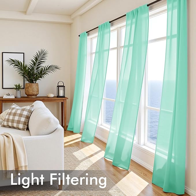 MIULEE Aqua Sheer Curtains 90 Inches Long, 4 Panels Set, Light Filtering Rod Pocket Voile Drapes for Living Room and Bedroom, Airy Soft Fabric Window Treatments, 42 x 90 Inches