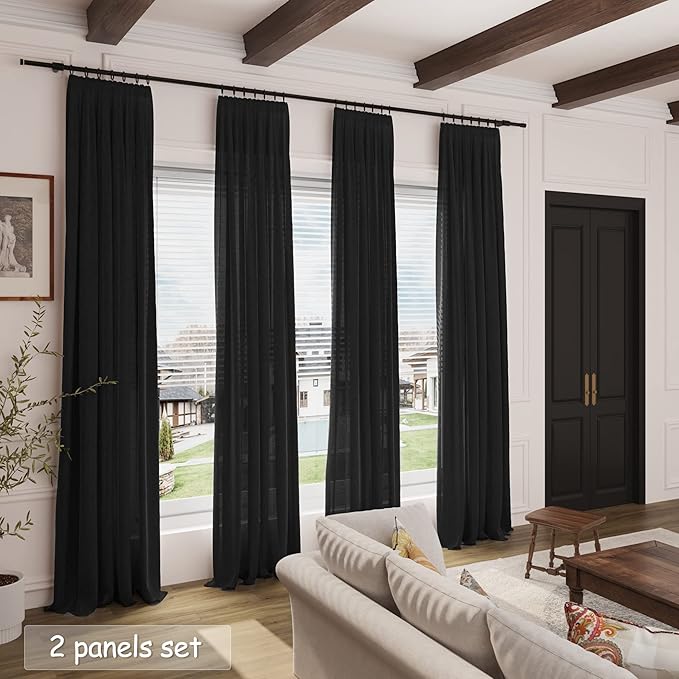 Nanspring Black Sheer Linen Curtains for Bedroom 64 Inches Long 2 Panel Sets See Through Light Filtering Back Tab Rod Pocket Short Linen Drapes for Living Room Kitchen Simple Modern Decor W52xL64