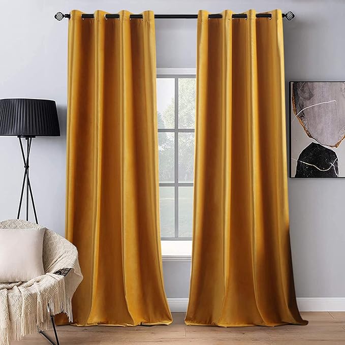 MIULEE 2 Panels Blackout Velvet Curtains Solid Soft Grommet Mustard Yellow Curtains Thermal Insulated Soundproof Room Darkening Curtains/Drapes/Panels for Fall Living Room Bedroom 52 x 84 Inch