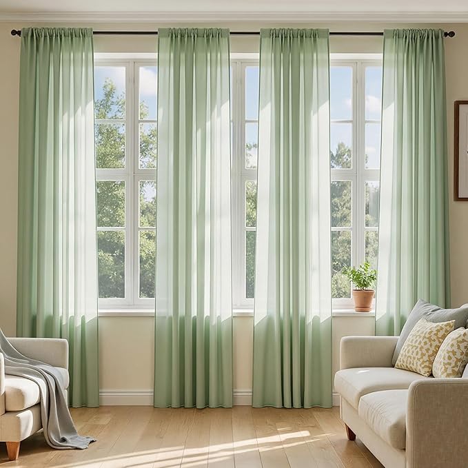 MIULEE Sage Green Sheer Curtains 72 Inches Long, 4 Panels Set, Light Filtering Rod Pocket Voile Drapes Window Treatments, Semi Transparent Airy Fabric for Bedroom and Living Room, 42 x 72 Inches