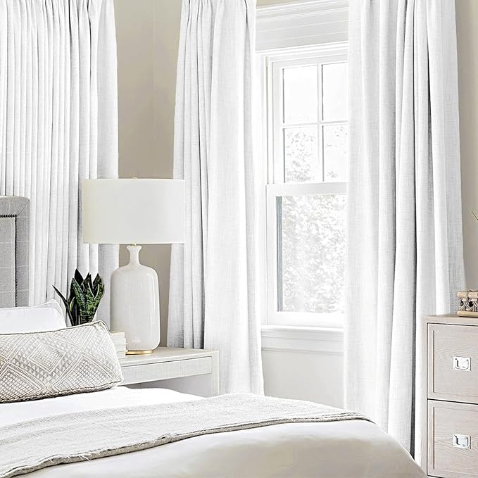 MIULEE Linen Textured Curtains for Bedroom Solid 100% Blackout Thermal Insulated Bright White Grommet Room Darkening Curtains & Drapes Luxury Decor for Living Room Nursery 52 x 54 Inch (2 Panels)