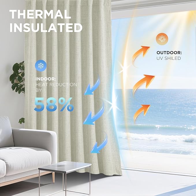 Joydeco Linen Blackout Curtains for Bedroom - 100% Light Blocking 1 Panels, Light Beige Drapes 100" W x 84" L, Thermal Insulated Room Darkening Curtains for Living Room, Rod Pocket & Back Tabs