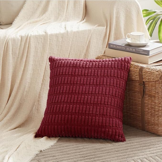 Fancy Homi 4 Packs Burgundy Decorative Throw Pillow Covers 18x18 Inch for Living Room Couch Bed, Holiday Christmas Home Decor Gift, Soft Plush Corduroy Cute Accent Square Cushion Case 45x45 cm