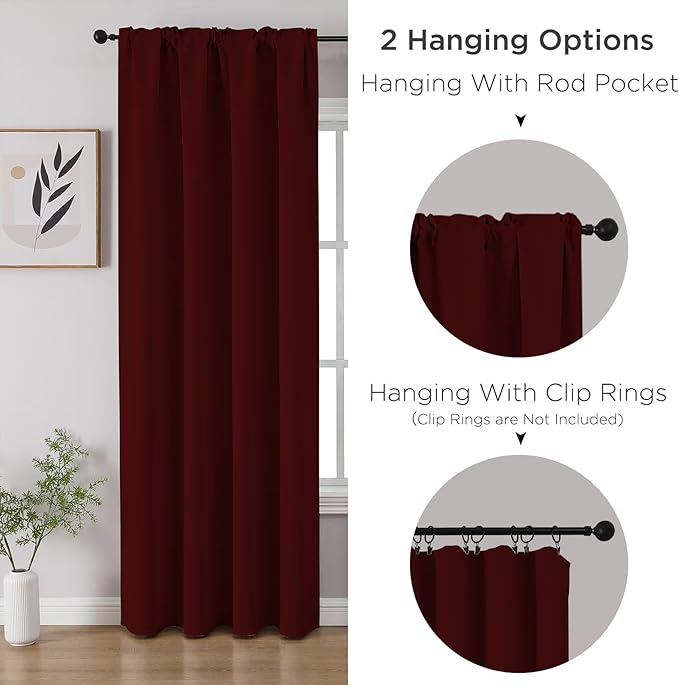 CUCRAF Burgundy Red Blackout Curtains 54 inch Length 2 Panels Set, Rod Pocket Room Darkening Drapes for Bedroom Living Room, Insulated Thermal Light Blocking Window Curtain (W52 x L54 Inch)