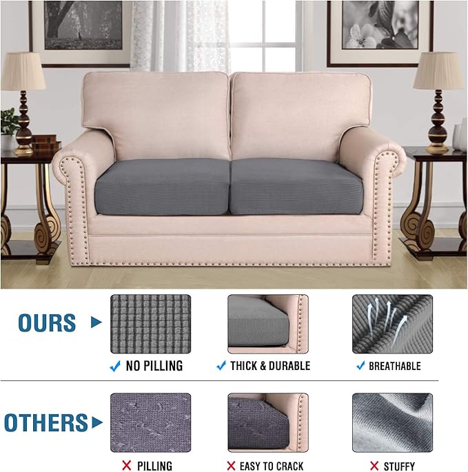 H.VERSAILTEX High Stretch Individual Seat Cushion Covers Sofa Slipcovers Couch Cushion Covers Sofa Covers Featuring Jacquard Textured Twill Fabric (2 Pack for 2 Cushion Loveseat, Grey, One)