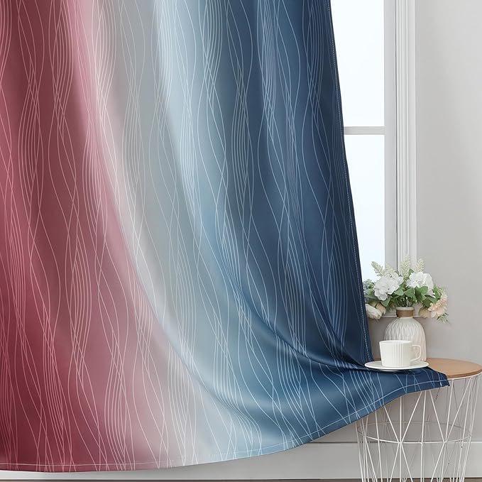 Estelar Textiler Navy Blue and Burgundy Red Blackout Ombre Curtains for Bedroom 63 Inches Long, Gradient Light Blocking Thermal Insulated Grommet Drapes for Living Room,52Wx63L,2 Panels