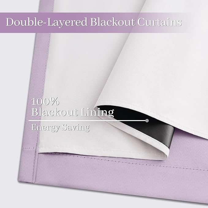 Yakamok Lilac 100% Blackout Curtains 84 Inches Long with 2 Thick Layers-Light Purple Room Darkening Thermal Insulated Window Curtain Set of 2 Panels for Bedroom Living Room 38x84 Inches,Lavender