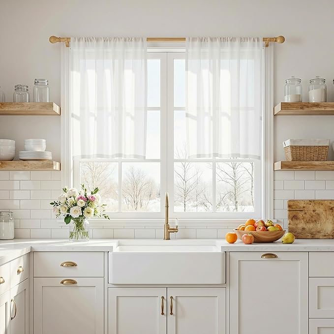 MYSKY HOME Semi Sheer White Curtains 36 Inches Long for Kitchen 2 Panels, Light Filtering Cream Tiers Curtains Rod Pocket Neutral Window Drapes for Bathroom/Cafe/Basement, Pure White, 34 x 36 Inch