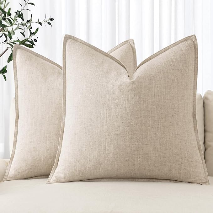 MIULEE Decorative Linen Euro Sham Pillow Covers 22x22 Inch Natural Beige Boho Farmhouse Neutral Couch Throw Pillows for Bed Pack of 2 Accent Modern Pillowcase Sofa Livingroom Home Decor