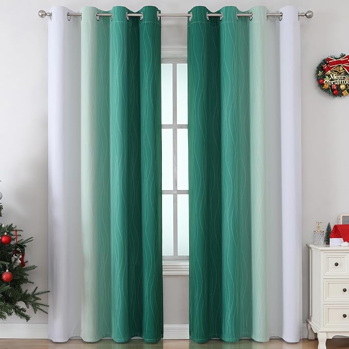Estelar Textiler Green and Greyish White Gradient Blackout Curtains 102 Inches Long for Bedroom, Thermal Insulated Full Room Darkening Ombre Gray Grommet Drapes for Living Room, 52Wx102L, 2 Panels