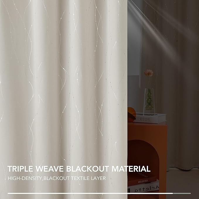 Deconovo Beige Curtains for Living Room, Room Darkening Soundproof Drapes with Wave Dots Silver Print, 38 x 72 Inch Long, Grommet Top, Set of 2 Window Panels for Living Room Bedroom Office Nursery