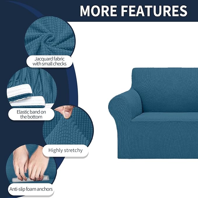 Cupuamon 2026 New Stretch Sofa Slipcovers Couch Cover for 3 Cushion Furniture Protector Sofa Covers with Elastic Bottom Jacquard Fabric Small Checks for Pets, Kids -Sofa, Peacock Blue